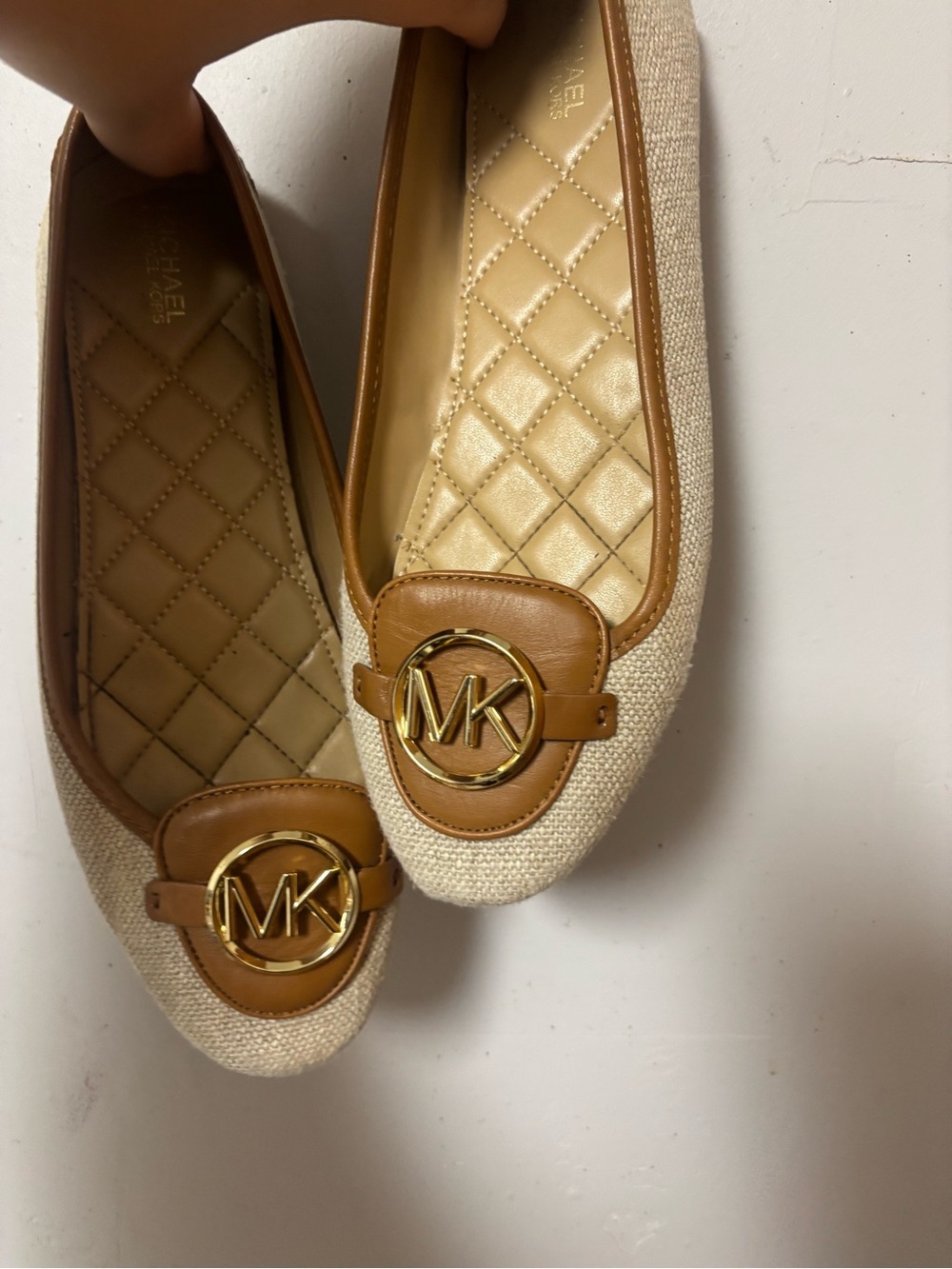 Michael Kors Cream Canvas and Tan Leather MK Logo Ballet Flats